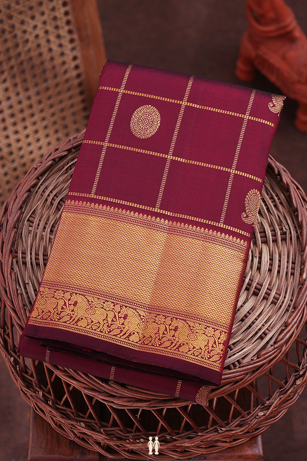 Kanchipuram Silk Saree In Dark Burgundy With Checks Design