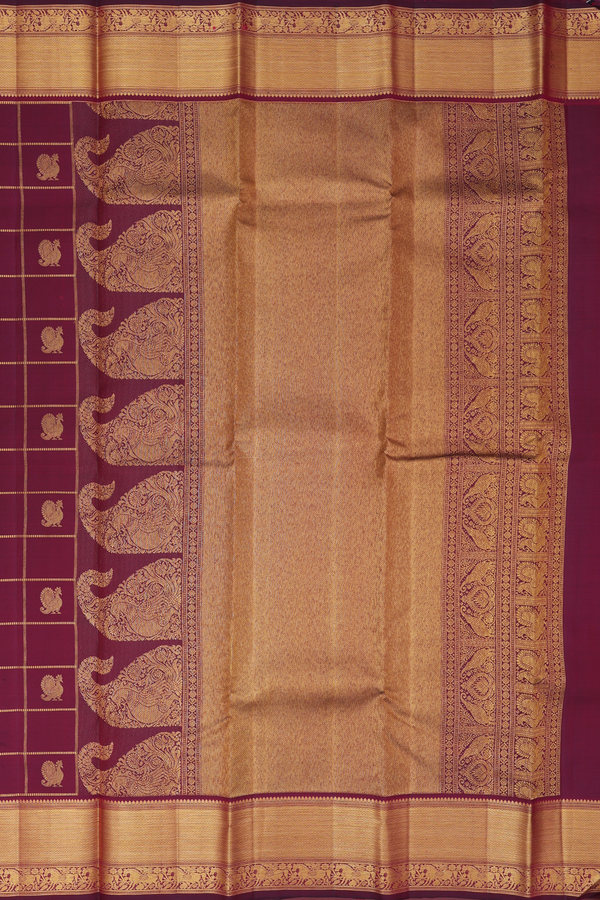 Kanchipuram Silk Saree In Dark Burgundy With Checks Design
