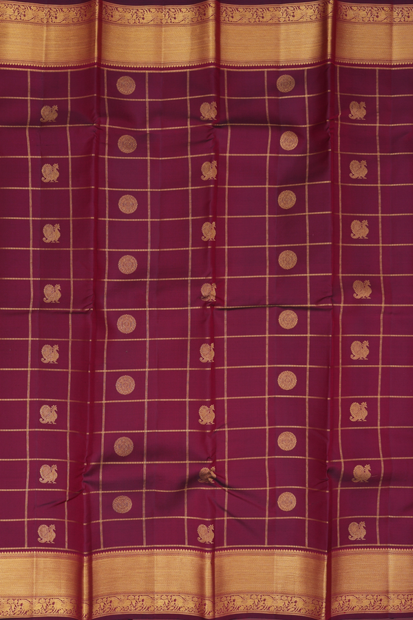 Kanchipuram Silk Saree In Dark Burgundy With Checks Design