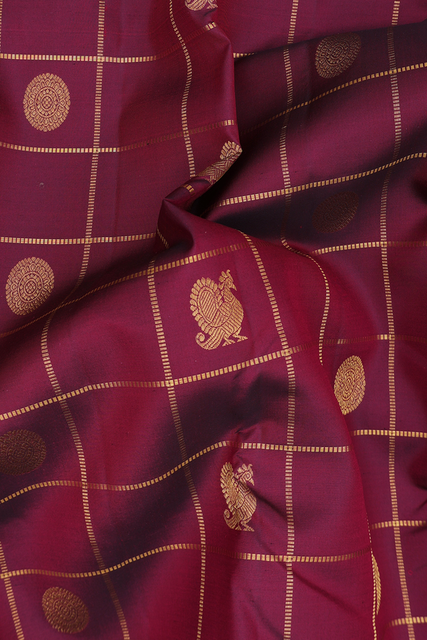 Kanchipuram Silk Saree In Dark Burgundy With Checks Design