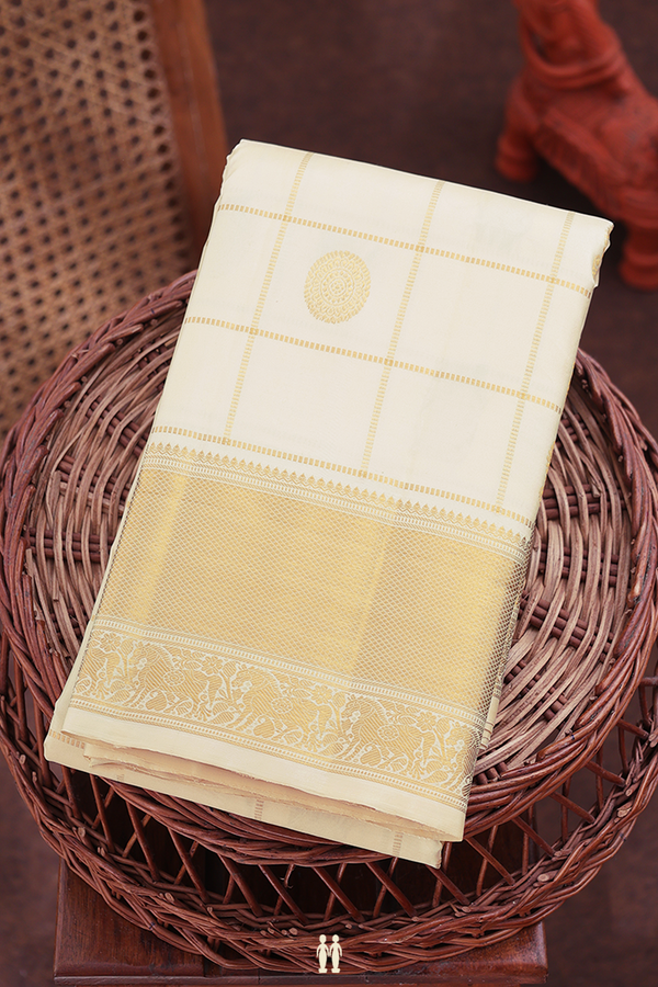 Kanchipuram Silk Saree In Off White With Checks Design
