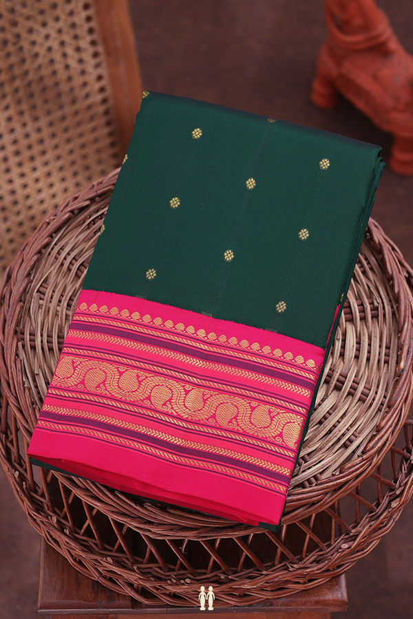 Kanchipuram Silk Saree In Forest Green With Floral Buttis