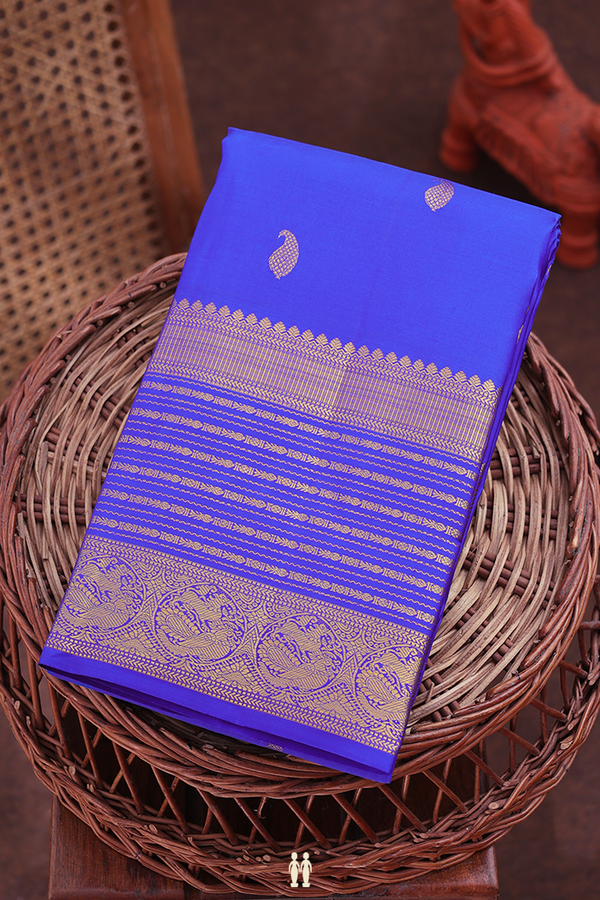 Kanchipuram Silk Saree In Indigo Blue With Paisley Buttas