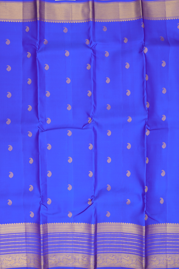 Kanchipuram Silk Saree In Indigo Blue With Paisley Buttas