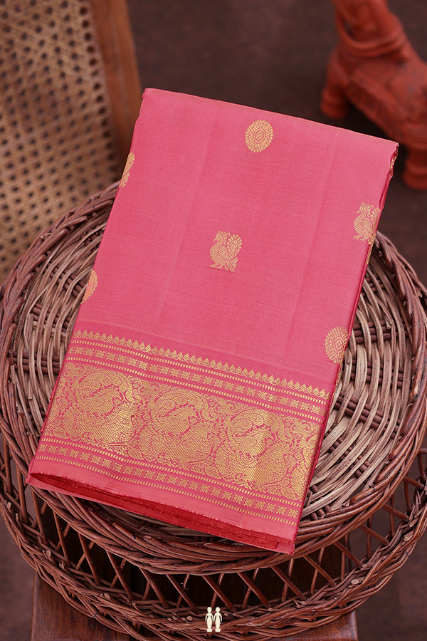 Kanchipuram Silk Saree In Tulip Pink With Peacock Buttas