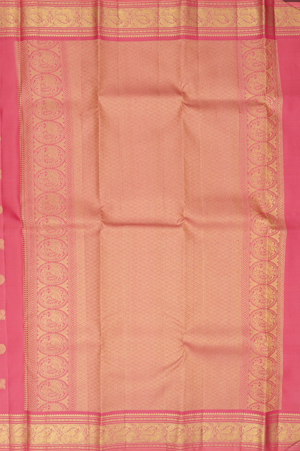 Kanchipuram Silk Saree In Tulip Pink With Peacock Buttas