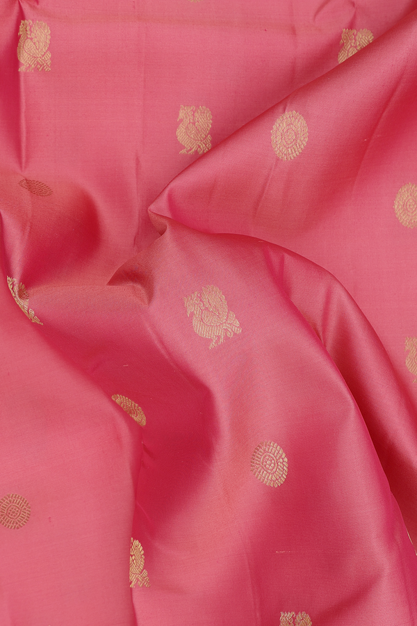 Kanchipuram Silk Saree In Tulip Pink With Peacock Buttas