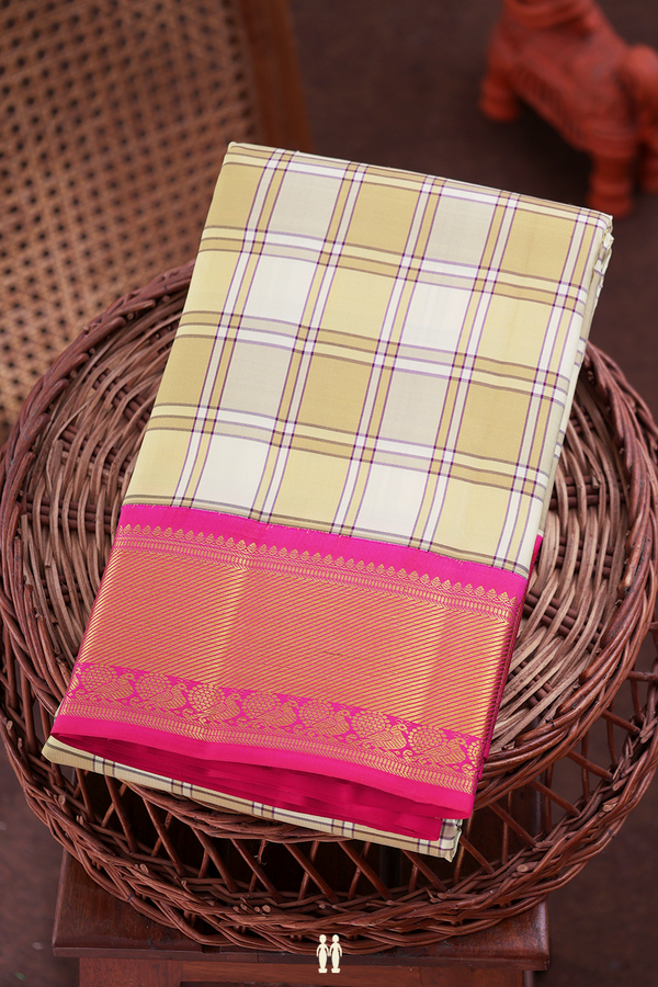 Kanchipuram Silk Saree In Cream And Brown With Checks Design