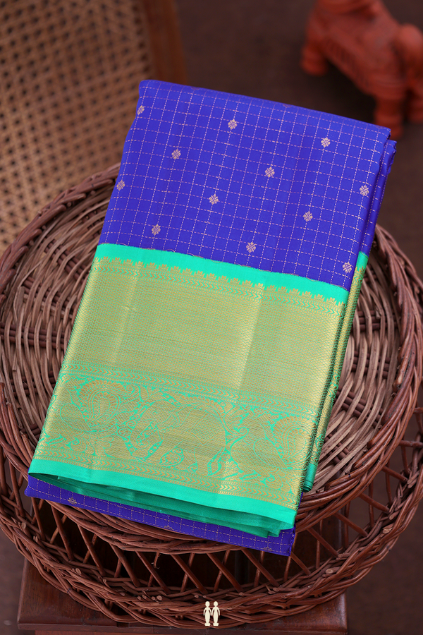 Kanchipuram Silk Saree In Indigo Blue With Checks Design