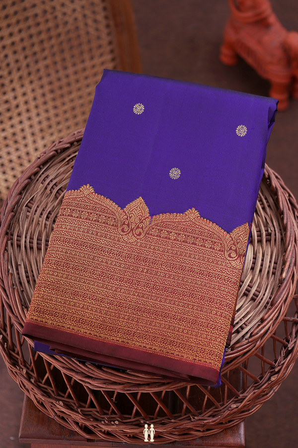 Kanchipuram Silk Saree In Royal Blue With Floral Buttis