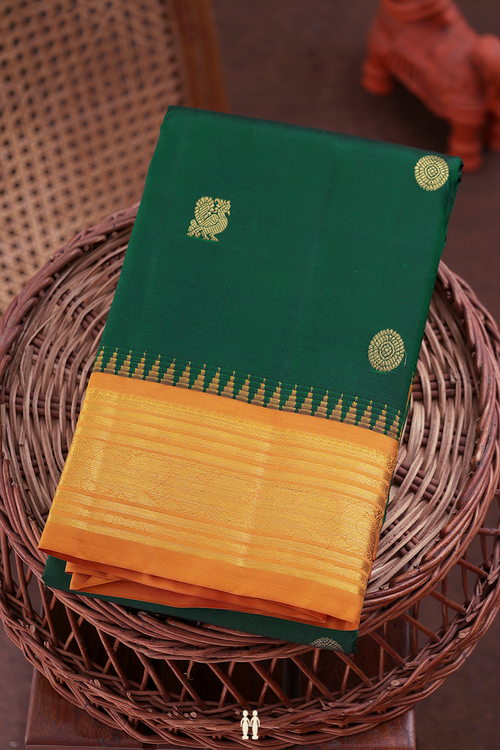 Kanchipuram Silk Saree In Forest Green With Peacock Buttas