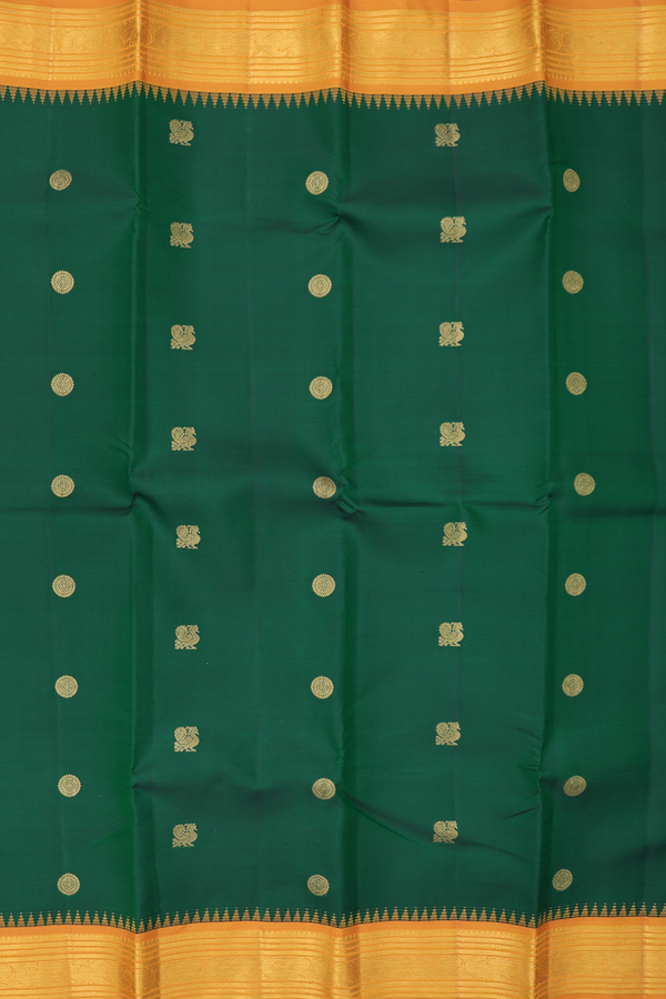 Kanchipuram Silk Saree In Forest Green With Peacock Buttas