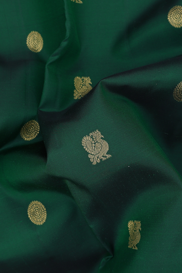 Kanchipuram Silk Saree In Forest Green With Peacock Buttas