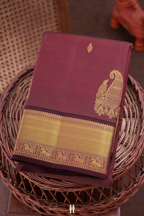 Kanchipuram Silk Saree In Burgundy Along Stripes With Buttas