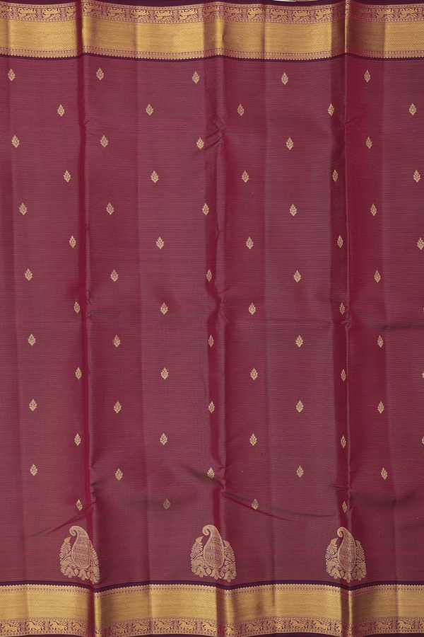 Kanchipuram Silk Saree In Burgundy Along Stripes With Buttas