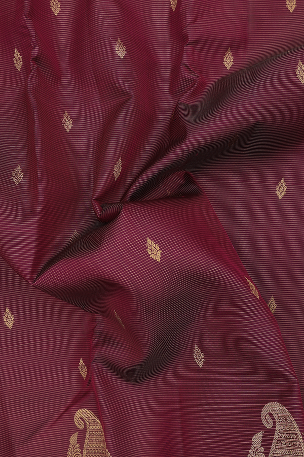 Kanchipuram Silk Saree In Burgundy Along Stripes With Buttas