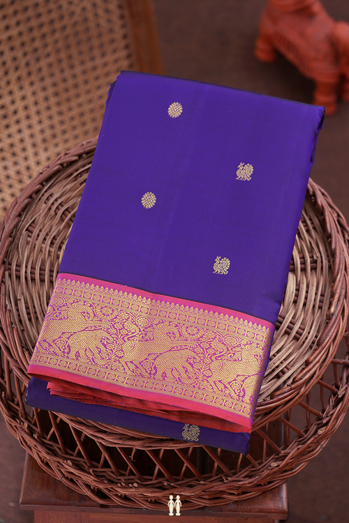 Kanchipuram Silk Saree In Royal Blue With Peacock Buttas