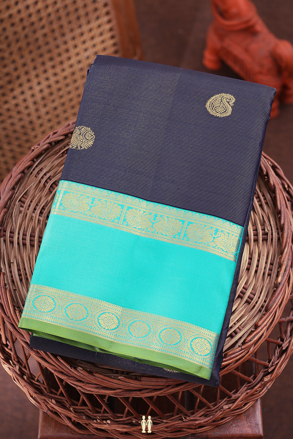 Kanchipuram Silk Saree In Blue Along Stripes With Buttas