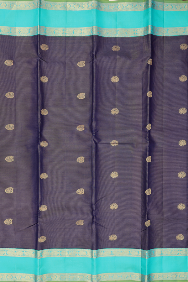 Kanchipuram Silk Saree In Blue Along Stripes With Buttas