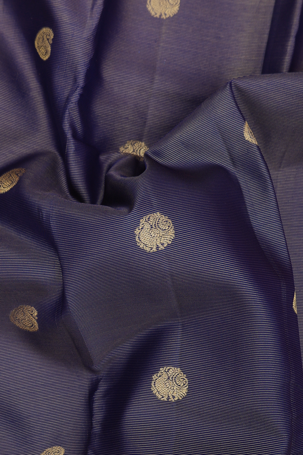 Kanchipuram Silk Saree In Blue Along Stripes With Buttas