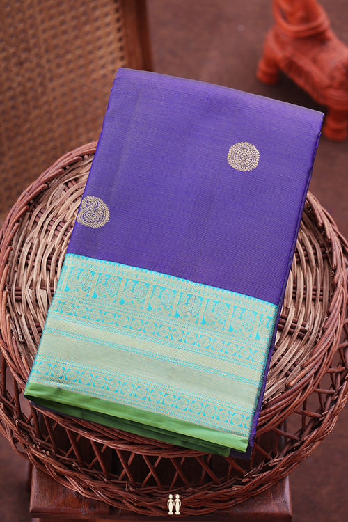 Kanchipuram Silk Saree In Blue With Stripes Along Buttas