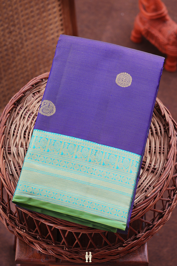 Kanchipuram Silk Saree In Blue With Stripes Along Buttas
