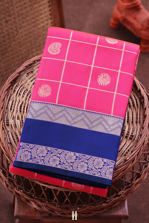 Kanchipuram Silk Saree In Punch Pink With Checks Design