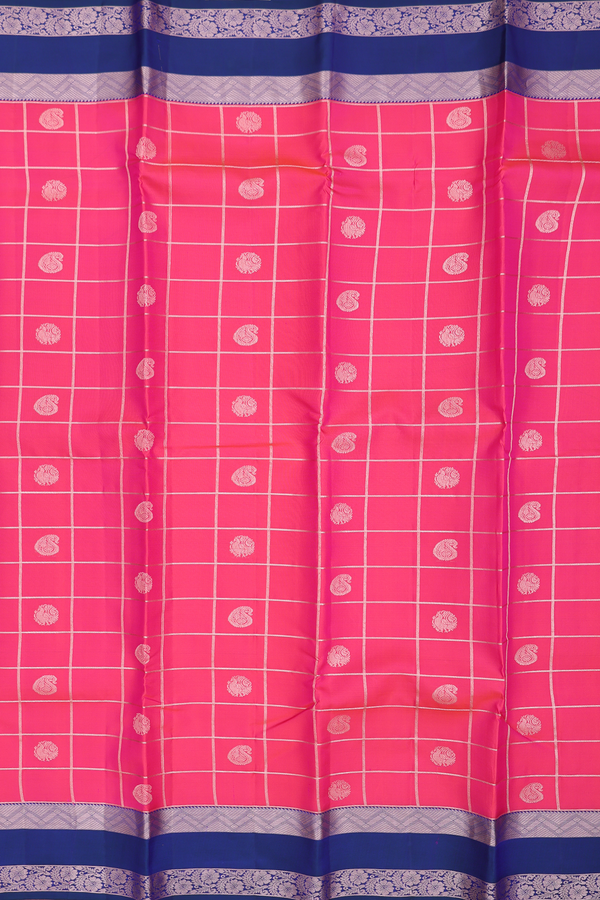 Kanchipuram Silk Saree In Punch Pink With Checks Design