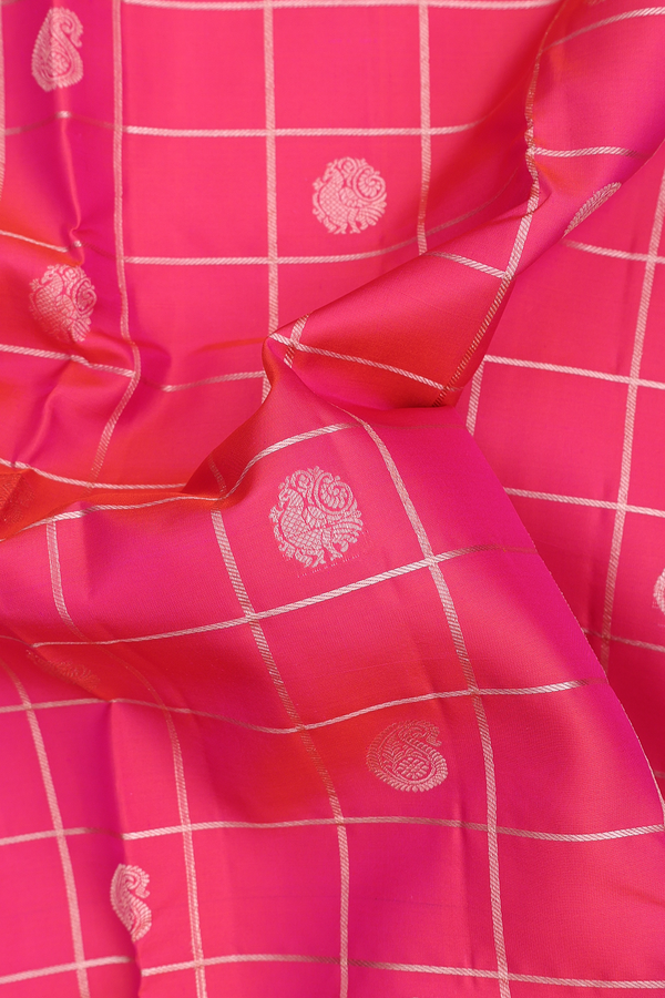Kanchipuram Silk Saree In Punch Pink With Checks Design