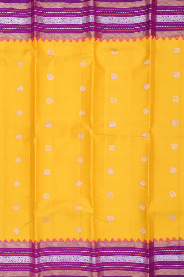 Kanchipuram Silk Saree In Saffron Yellow With Paisley Buttas