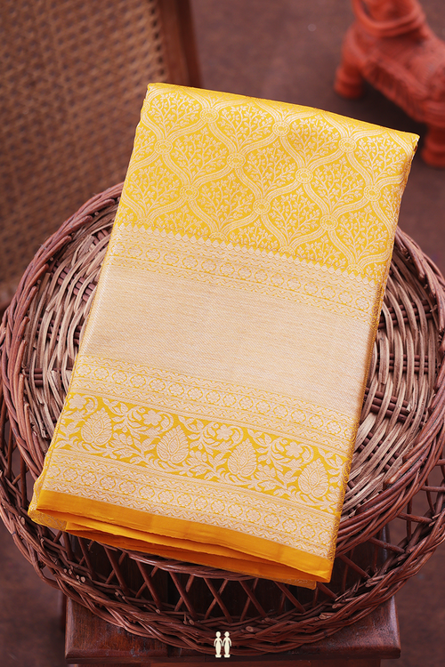 Kanchipuram Silk Saree In Saffron Yellow With Brocade Design