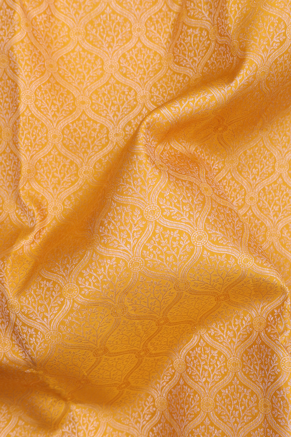 Kanchipuram Silk Saree In Saffron Yellow With Brocade Design