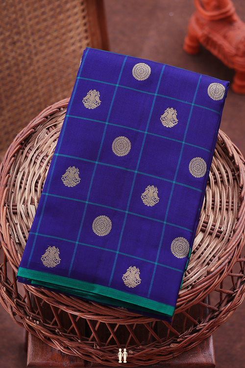 Kanchipuram Silk Saree In Royal Blue With Checks Design