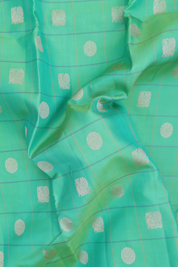 Kanchipuram Silk Saree In Seafoam Green With Checks Design