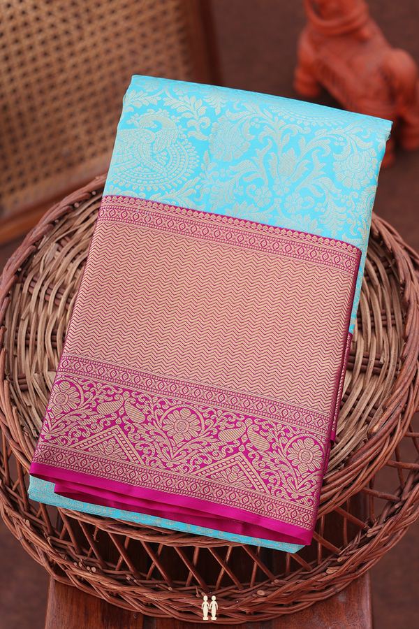Kanchipuram Silk Saree In Sky Blue With Floral Design
