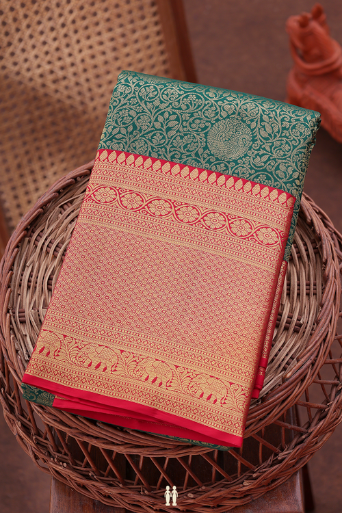 Kanchipuram Silk Saree In Green With Floral Design