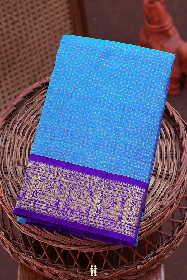 Kanchipuram Silk Saree In Cerulean Blue With Checks Design
