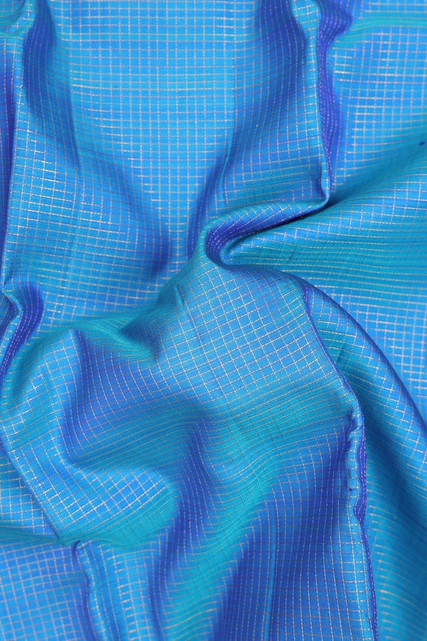 Kanchipuram Silk Saree In Cerulean Blue With Checks Design