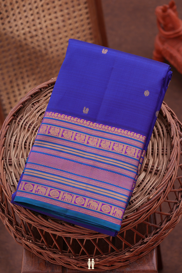 Kanchipuram Silk Saree In Royal Blue With Peacock Buttas
