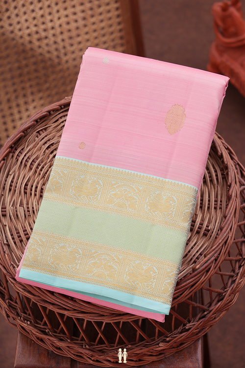 Kanchipuram Silk Saree In Pink With Iruthalai Pakshi Buttas