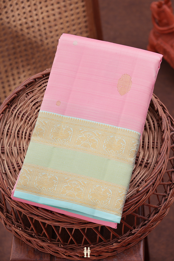 Kanchipuram Silk Saree In Pink With Iruthalai Pakshi Buttas
