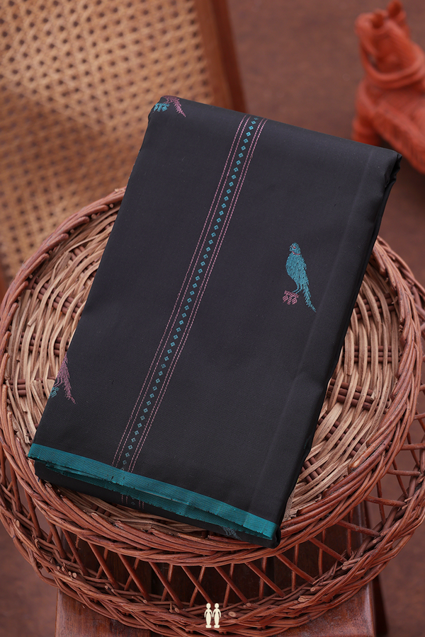 Kanchipuram Silk Saree In Black With Parrot Design