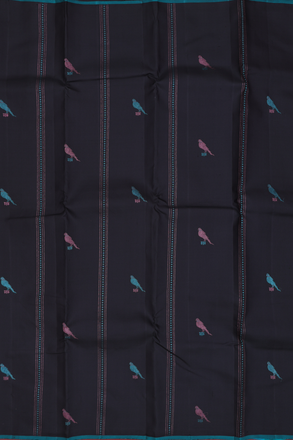 Kanchipuram Silk Saree In Black With Parrot Design
