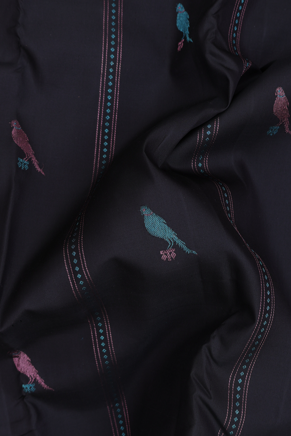 Kanchipuram Silk Saree In Black With Parrot Design