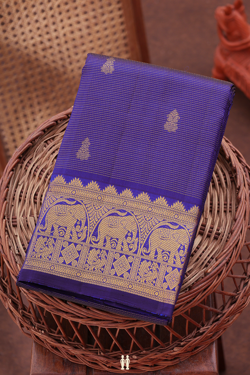 Kanchipuram Silk Saree In Royal Blue With Stripes Design