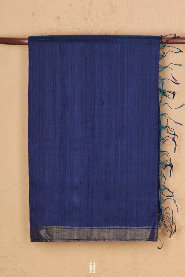 Raw Silk Saree In Plain Prussian Blue With Zari Border