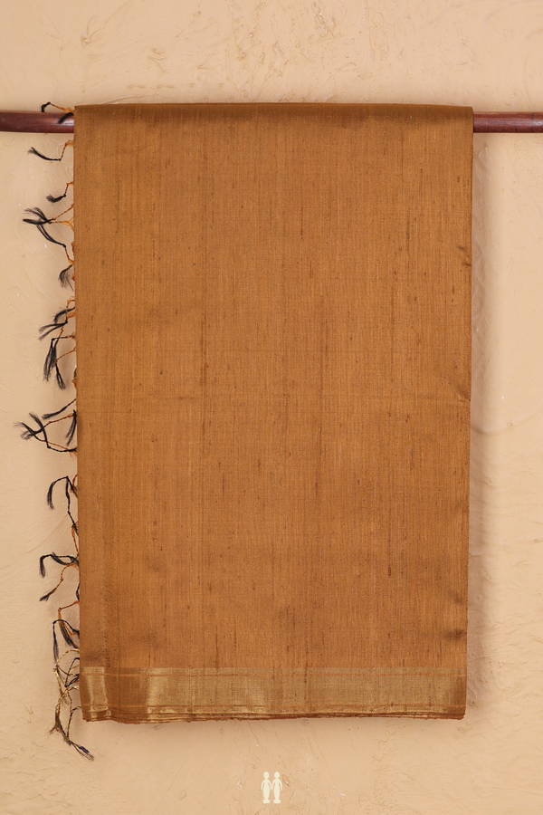Raw Silk Saree In Plain Golden Brown With Zari Border