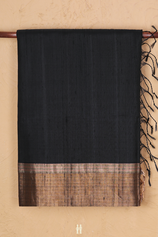 Raw Silk Saree In Plain Black With Bavanchi Border