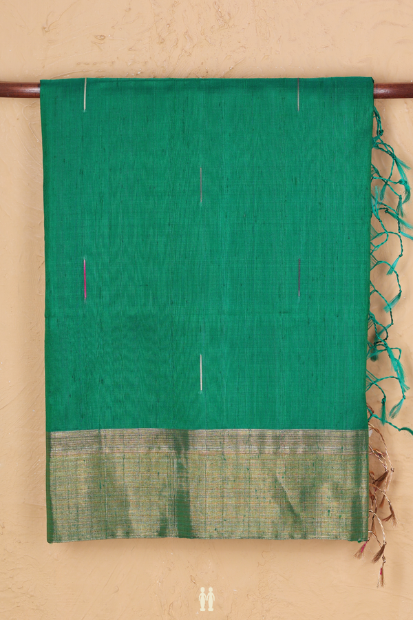 Raw Silk Saree In Green With Threadwork Buttas