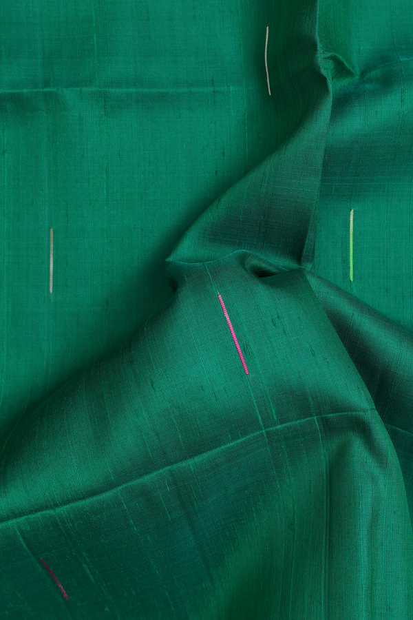 Raw Silk Saree In Green With Threadwork Buttas